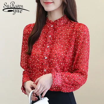 

2019 Autumn Fashion Women Chiffon Blouses Casual Stand Collar Women Tops Long Sleeve Sweet Print Ruffles Women Clothing 5404 50