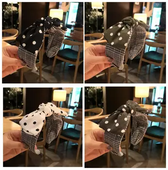 

4pcs/lot 2019 Autumn Cotton Large Dot Bow Headband for Women Plaid Wide Headband with Bow Hairbands for Girls