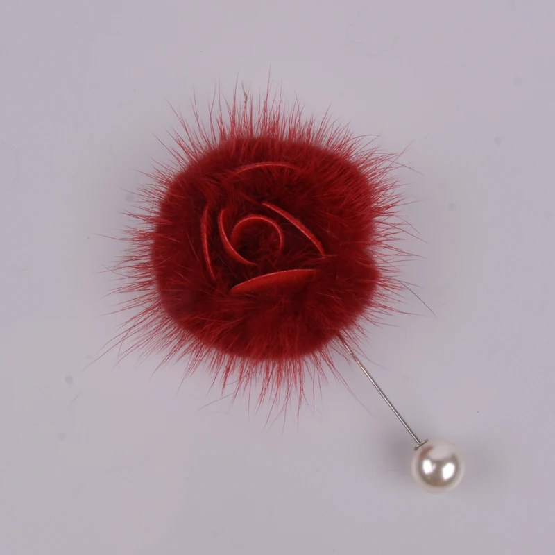 Бутоньерка женская из меха норки булавка с жемчугом для шляпы свитера брошь на