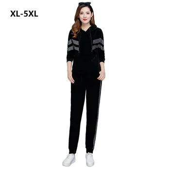 

plus size 5XL Tracksuit Women Gold velvet leisure suit 2020 spring autumn fashion spell color 2 piece set female Hooded suit