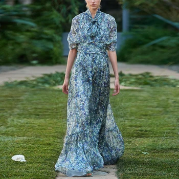 

Runway Designer Luxury Brand Floral Print Dress Elegant Chiffon Dress Women Vintage Bow Tie Neck Long Maxi Dress Party Vestidos