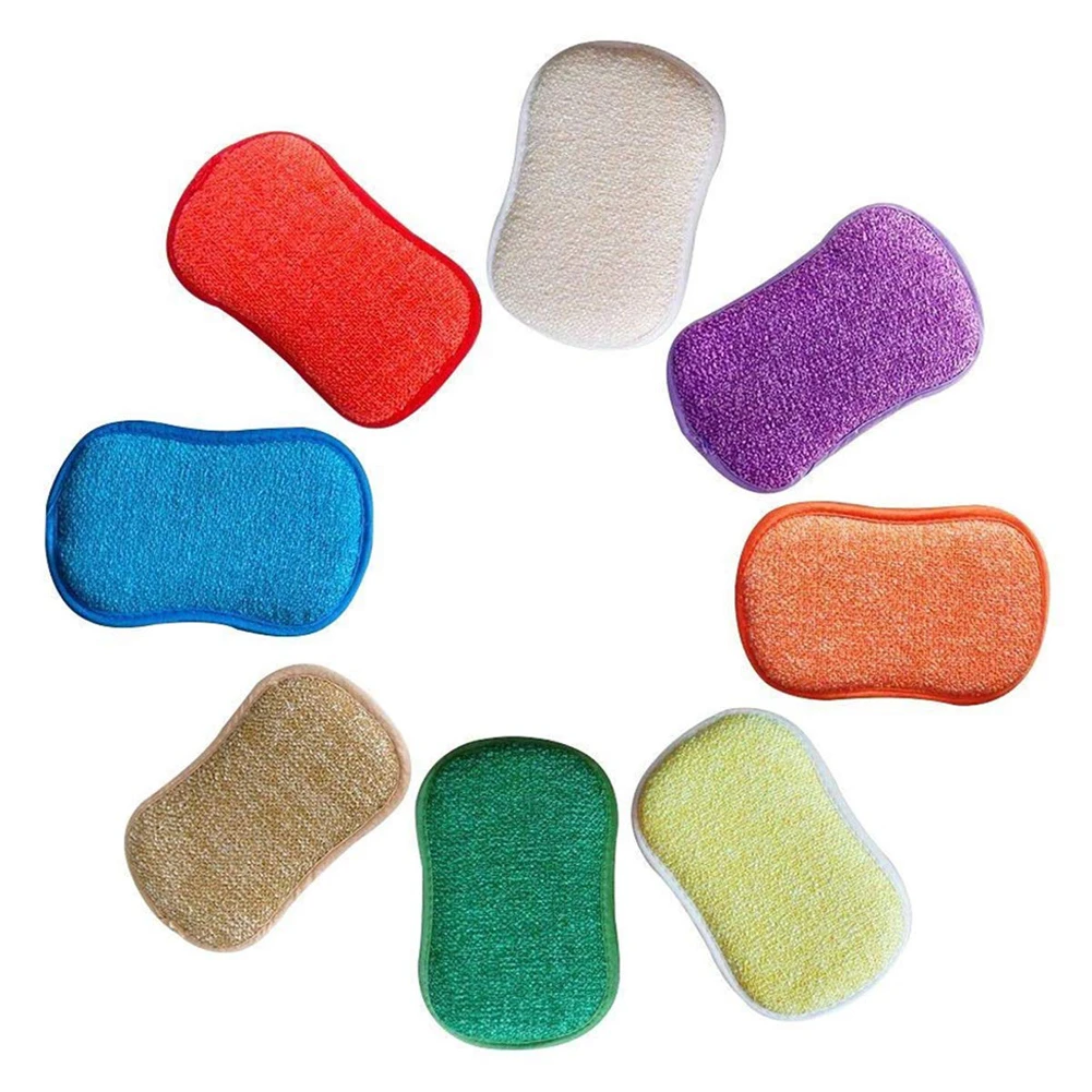 

5pcs Double Side Cleaning Sponge Fiber Dishwashing Brush Kitchen Nonstick Oil Scouring Pad Bowl Washing Cloth Tool