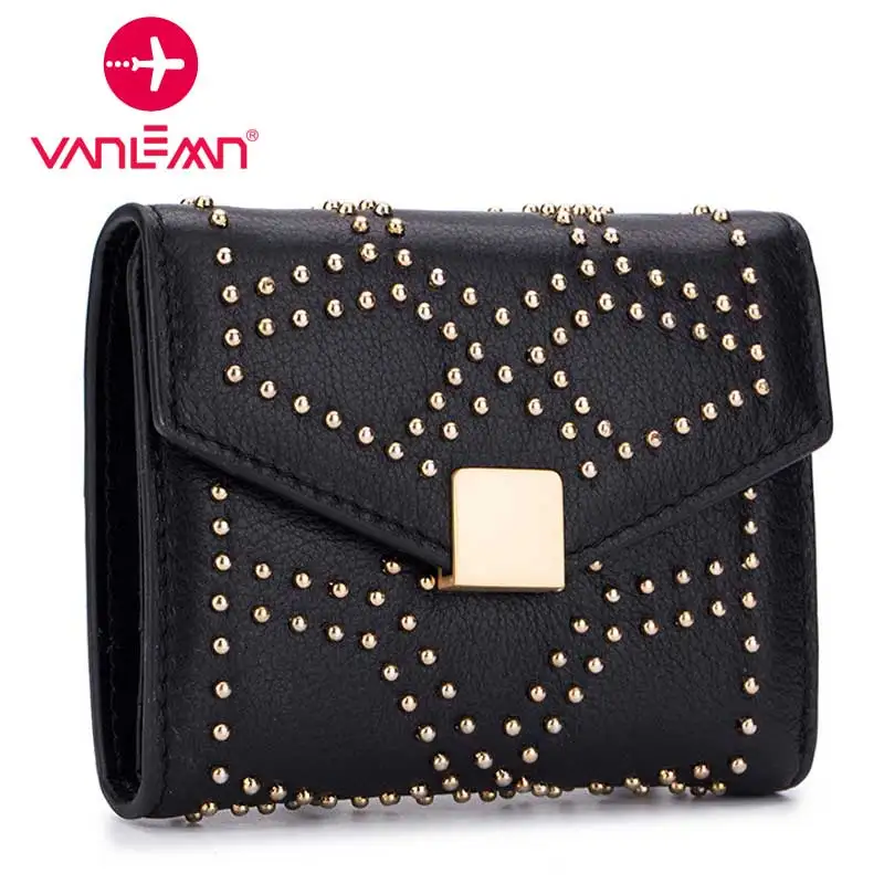 

Small Wallet Women Genuine Rivets Leather Ladies Wallet Three Fold Card Holder Coin Purse Female Luxury Women's Wallet Purse Hot