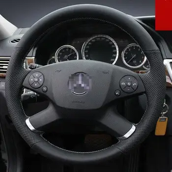 

For Benz E200 Custom Made DIY Hand Sewing Steering Wheel Cover Black leather White thread Anti-slip fit all season
