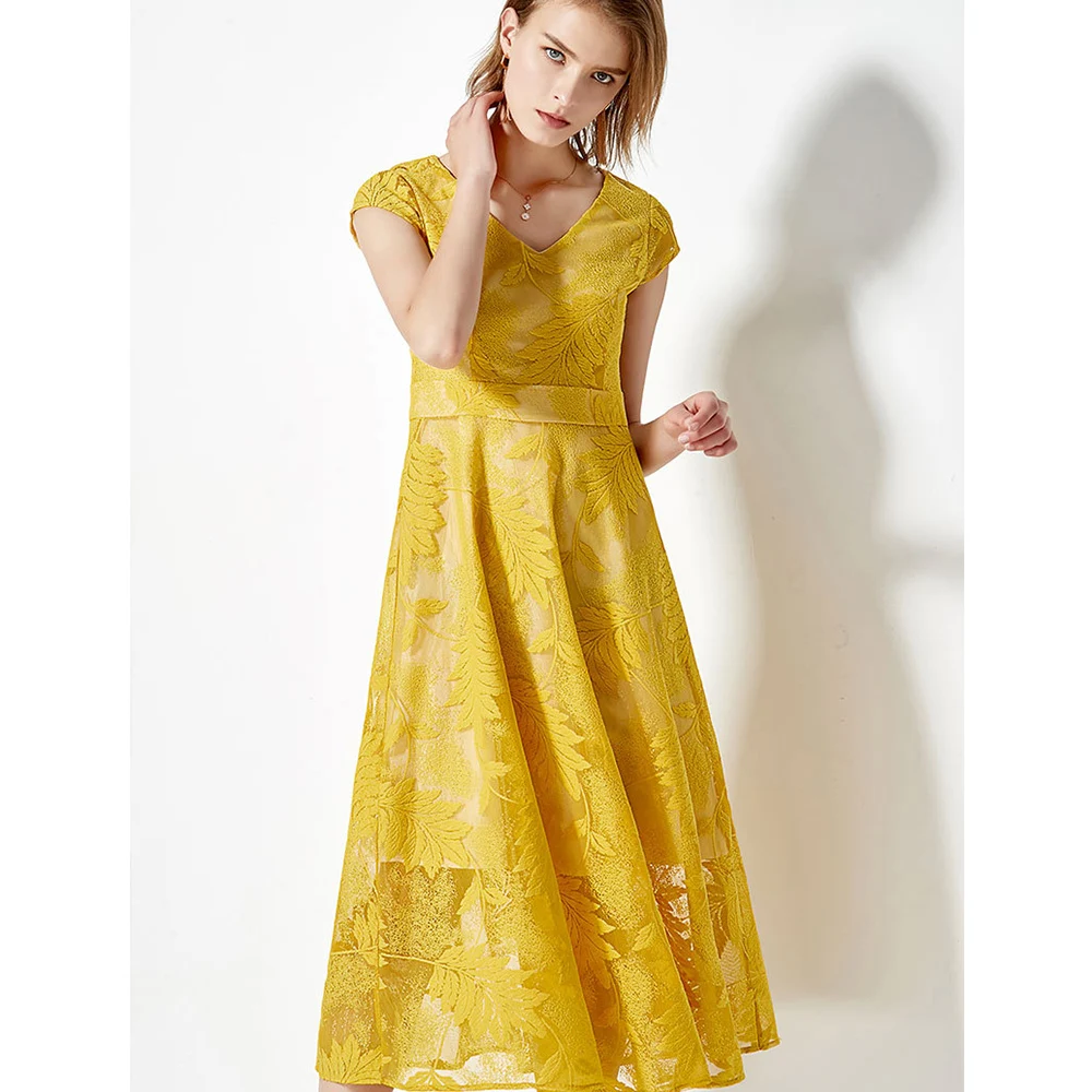 

British Dress Lace Embroidered Printed Floral Solid INS Hot Dresses Cold Perspective Gauze Short Sleeve Elegant Midi Women 2020