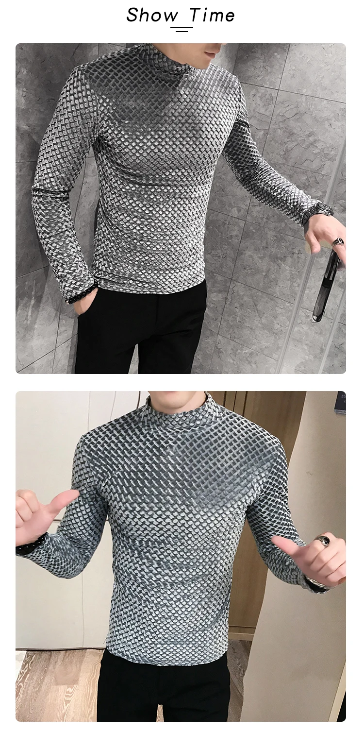 Men's T-shirt new fall slim and cashmere knit bottom long sleeve T-shirt loose casual personality youth men's wear
