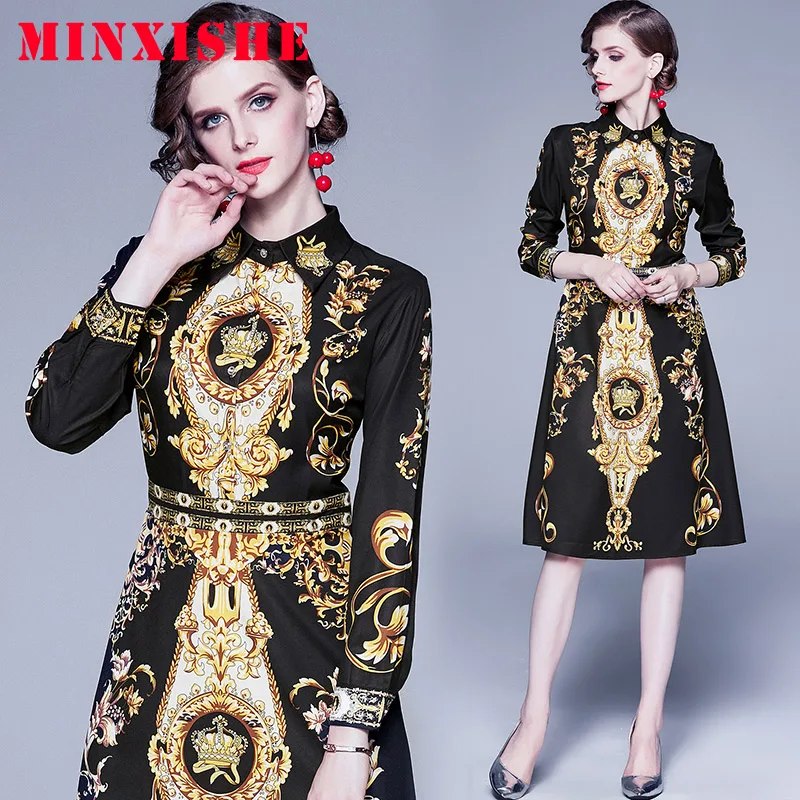 

2019 Autumn Spring Women Dresses Midi Long Sleeve Turn Down Collar Print Black Plus Size Polo Shirt Elegant Vintage Woman Dress