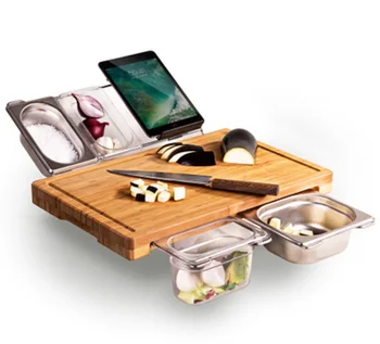

Bamboo Cutting Board with 5 Storage Containers, Extensible Multifunctional Non-Slip Chopping Board for Kitchen