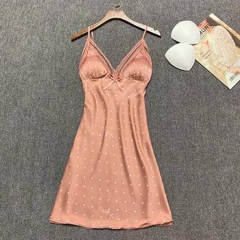 

Sexy Lace Sexy Little Polka Dot Strap V Tie Chest Pad Nightdress Ladies Thin Lace Hollow Faux Silk Fun Sleepwear Summer Autumn