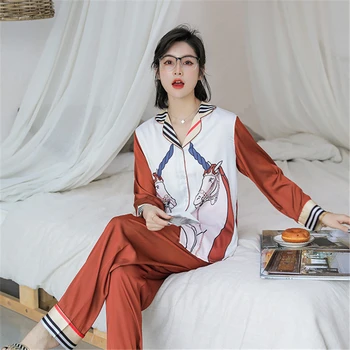 

Ladies pajamas lapel cardigan Korean home service plus size loose cartoon sleepwear net red hot sale sexy nightwear new ночнушка