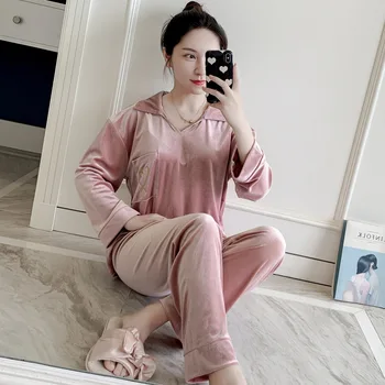 

Fiklyc Sexy Ladies Long-Sleeved Trousers Gold Velvet Home Service Elegant Pajamas Two-Piece Suit