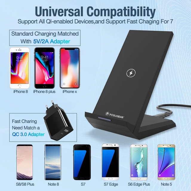 Posugear 15W Qi Wireless Charger Stand For iPhone 11 pro 8 X XS  Samsung s10 s9 s8 Fast Wireless Charging Station Phone Charger 6