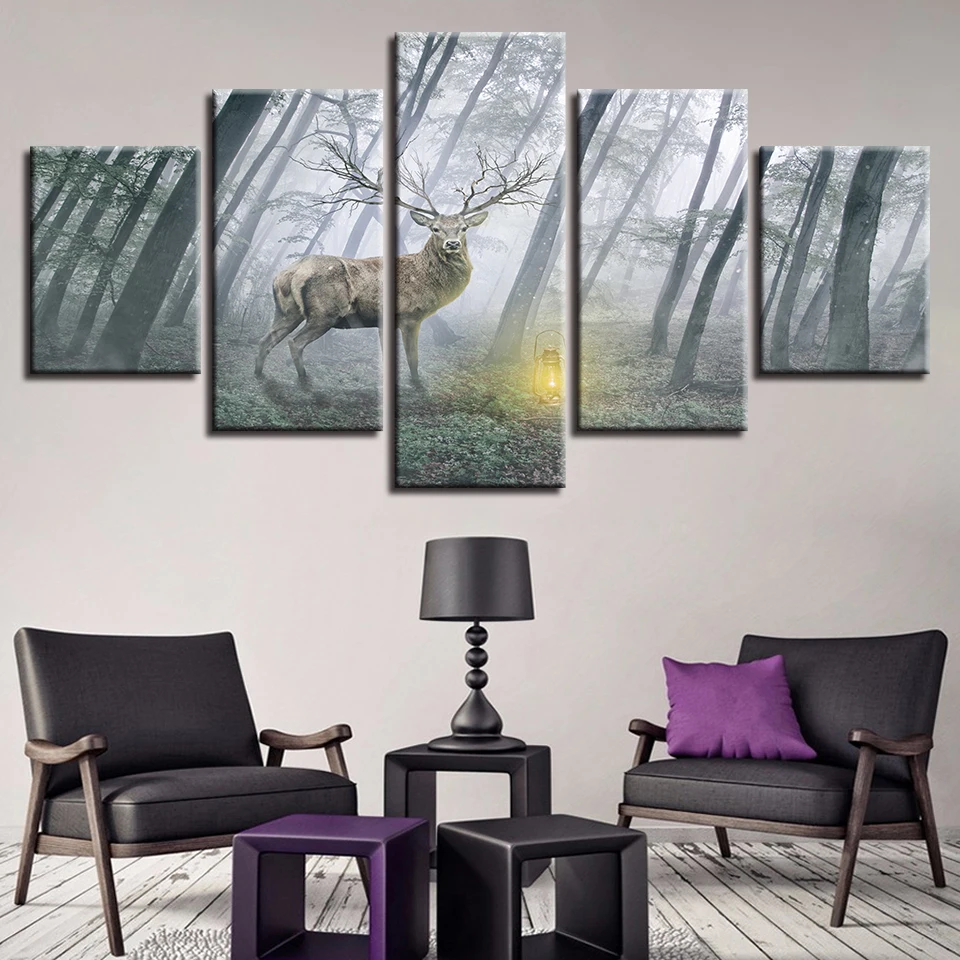 

HD Prints Decor Modern Living Room Wall 5 Pieces Animal Deer In The Forest Scenery Modular Canvas Paintings Posters Art Pictures