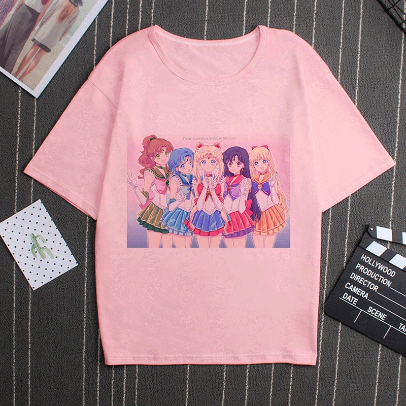 2868 Sailor Moon 90s Funny Pink T Shirt Harajuku Clothes Tshirt Aesthetic Cat Anime Vogue T-shirt Kawaii Graphic Tees Ullzang Women - Цвет: 2868