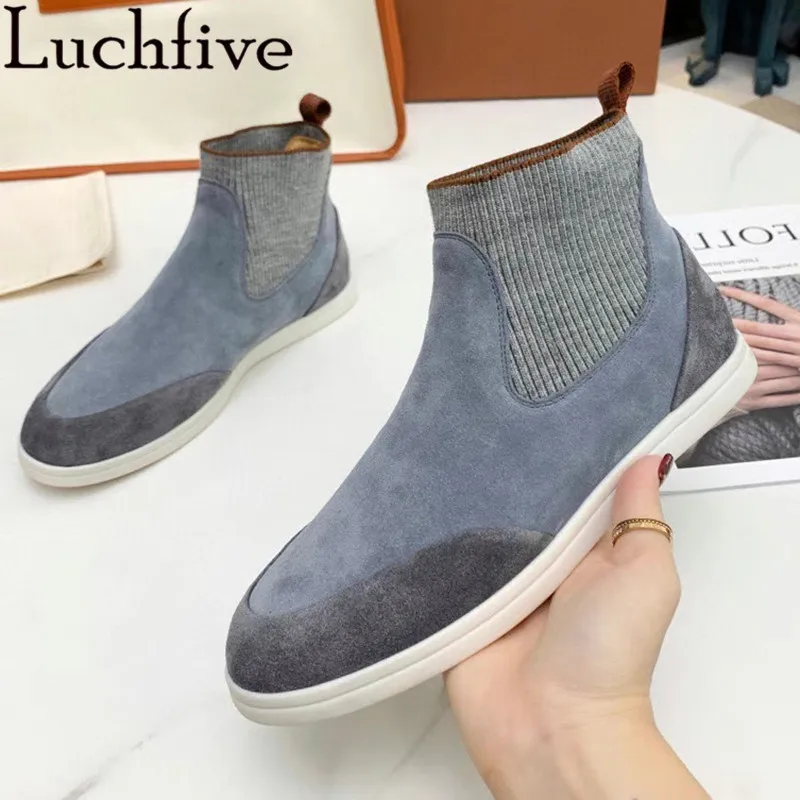 

Elastic Suede Women Boots Patchwork Round Toe Ladies Shoes Leisure Flats Ankle Boots Grey Apricot Women Casual Shoes
