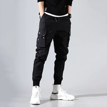 Брюки карго мужские однотонные черные свободные повседневные джоггеры с карманами и эластичной резинкой на талии длиной до щиколотки брюки Techwear