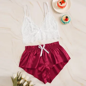 

2020New Womens Sleepwear Sexy Satin Nightdress Sling Lingerie Lace Bowknot Nightwear Summer Sling V-neck Sleepwear Set платье