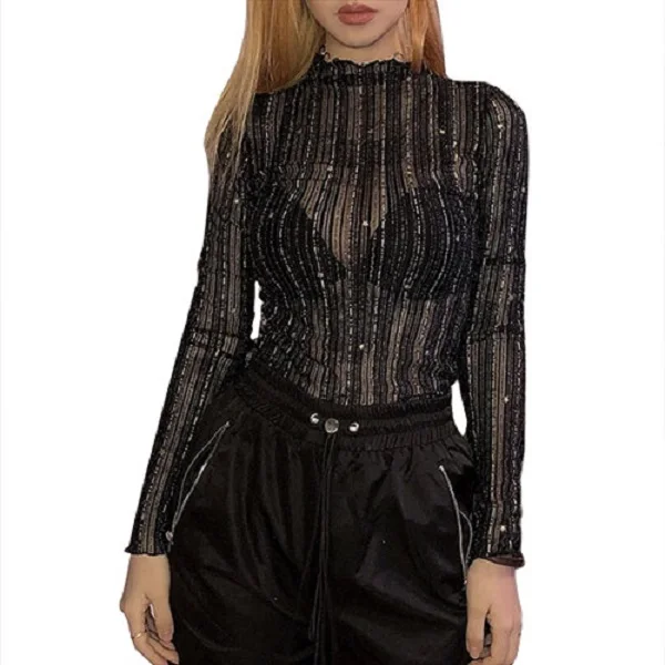 Brand New Women Sexy Perspective Bodysuits Long Sleeve High Ruched Neck Zebra Striped See-through Bodysuit Tops Jumpsuits