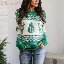 Casual Knitted Sweater Women's Patterns Reindeer Snowman Tree Snowflakes Christmas Sweaters and Pullovers Female Jumper Autumn crew collar christmas sweater with reindeer graphic