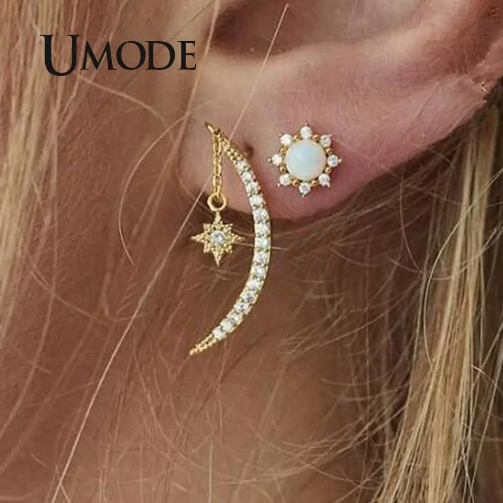 UMODE, винтажные серьги в виде Луны и звезды, наборы для женщин, девушек, золотые маленькие обручи, клипсы, серьги, запонки, шпильки, индийская мода, ювелирное изделие