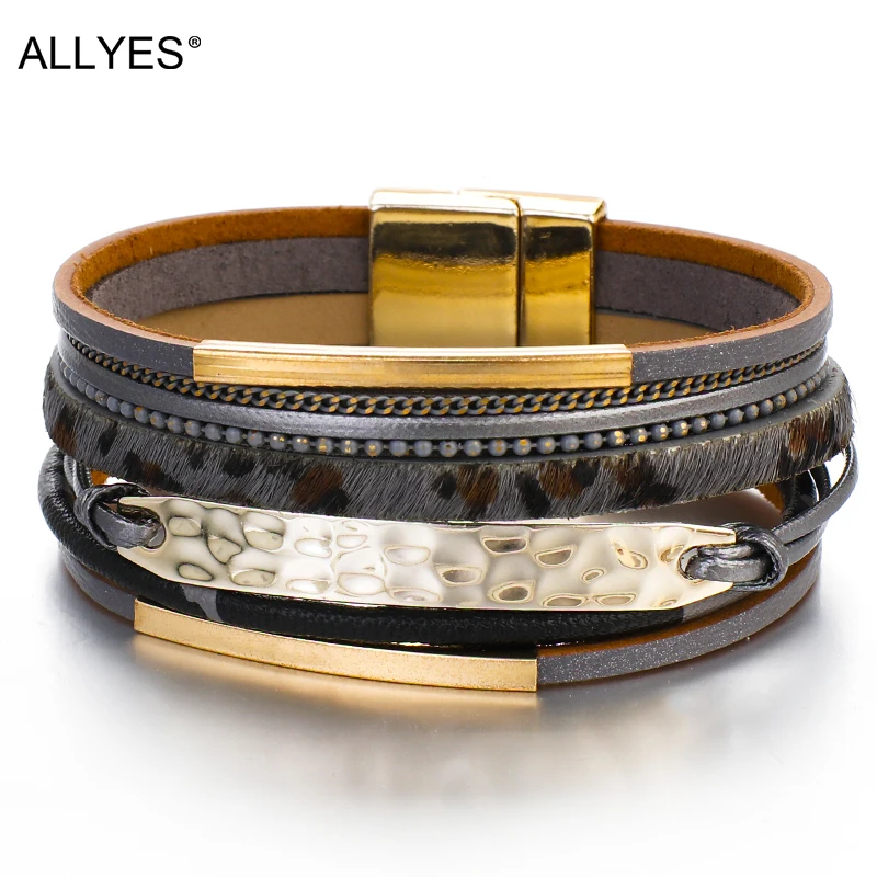 

ALLYES Leopard Leather Bracelet For Women Fashion Metal Bar Charm Multilayer Wide Wrap Bracelets & Bangles Jewelry