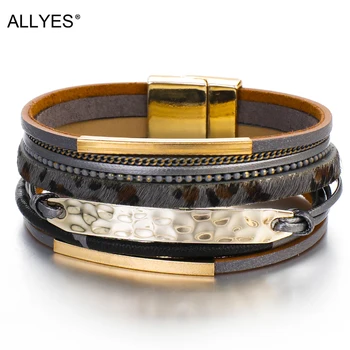 

ALLYES Leopard Leather Bracelet For Women Fashion Metal Bar Charm Multilayer Wide Wrap Bracelets & Bangles Jewelry
