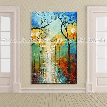 

Arthyx Big Size Hand Painted Home Decor Wall Art Picture Palette Knife Street Lamp Landscape Canvas Oil Painting For Living Room