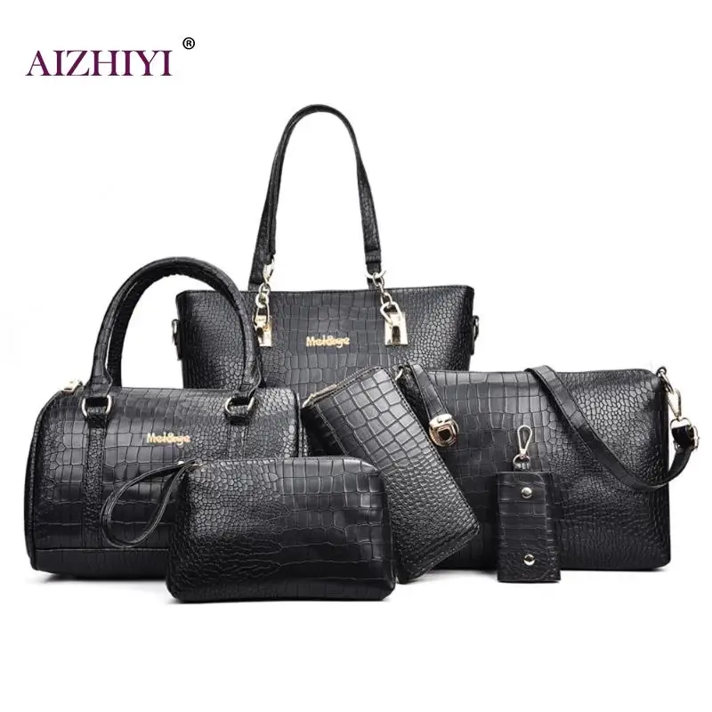 

Female Fashion Retro 6pcs/set Solid Color Crack Shoulder Handbags Clutch Lady PU Leather Casual Messenger Bags Women Card Bags