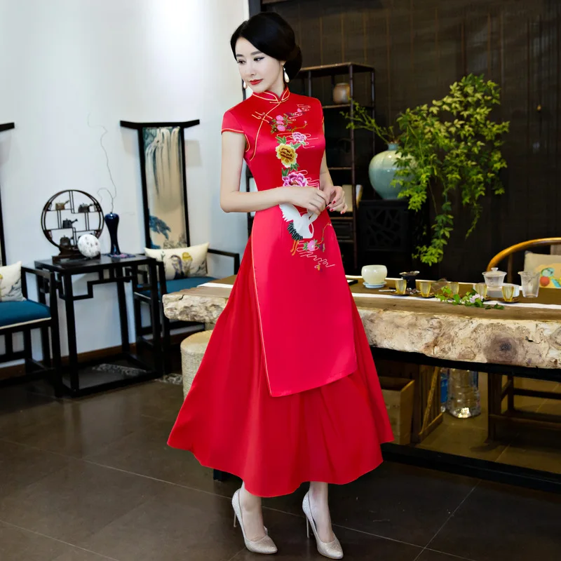 Элегантное красное Сетчатое платье с коротким рукавом Qipao, большие размеры 3XL, Vestido, Новое поступление, благородное китайское женское длинное платье Cheongsam из искусственного шелка, 2 шт