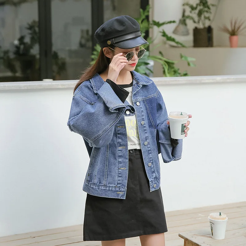 

Video Elegant Loose Tops Hand Cuff Tassels Spring Contrast Color Pocket Cowboy Women's Loose-Fit Jeans Coat