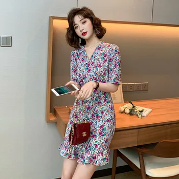 

Floral dress 2020V-neck slim lace-up dress printed long fishtail skirt women's dress