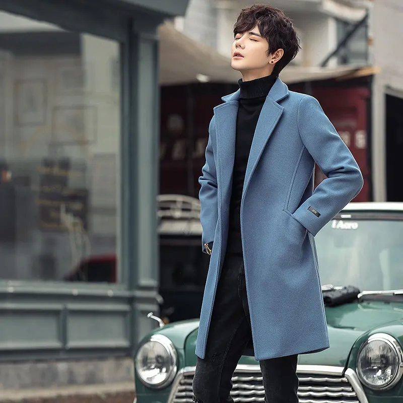 

2019 Autumn Clothing New Style Men Korean-style Slim Fit Solid Color Wool Mid-length Trench Coat Sportsman Casual Woolen Jacket