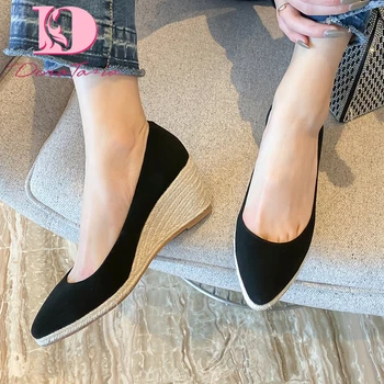 

Doratasia New Fashion Kid Suede Wedges High Heels Shoes Women Pumps Female Pointed Toe Slip-On Concise Pumps Woman Shoes