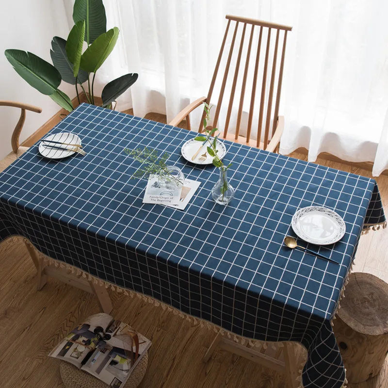 

Nordic Tablecloth Simple Square Rectangle Dark Blue Plaid Linen Cotton Table Cloth Cover With Tassel Home Cafe Hotel Decorative