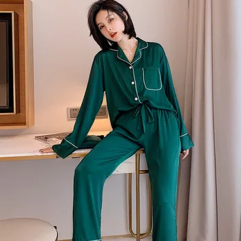 

Autumn New Women Pajamas Set Satin Silky 2PCS Sleepwear Long Sleeve Shirt&Pant Female Pyjamas Suit Loose Home Clothing
