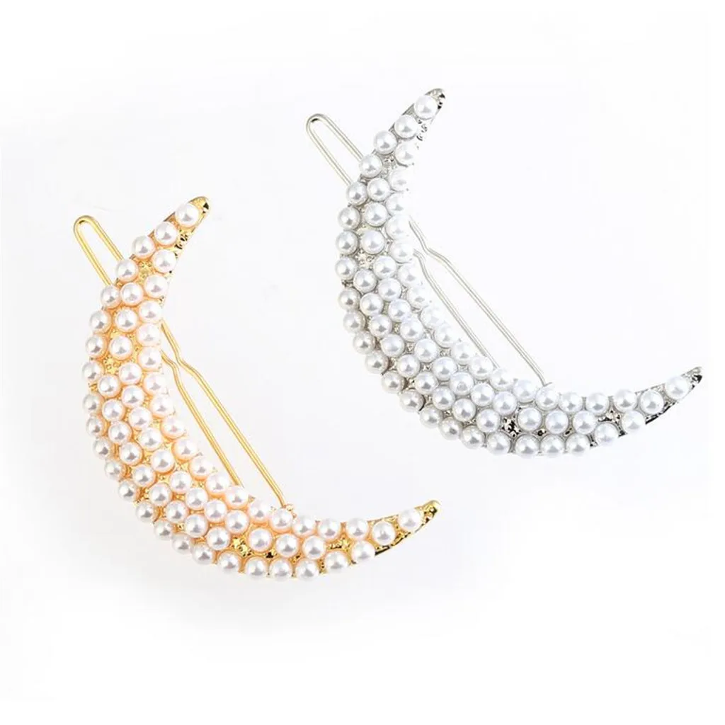 2Pieces Women Ladies Charm Moon Shape Hairpin Pearls Hairclip Headwear