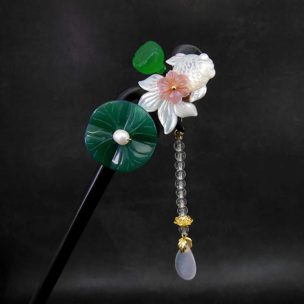 

Carved Shell Fish Ebony Hair Stick Natural Stone Lotus Leaf Hair Pin Vintage Chinese Hair Fork Handmade Women Jewelry WIGO1189