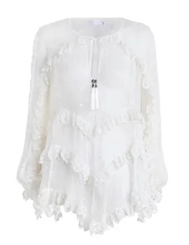 

ElfStyle Latest Silk White Divinity Scallop Resort Blouse Top Embroidery Lace Ruffles Trim V-neck Tassels End Belt with Slip