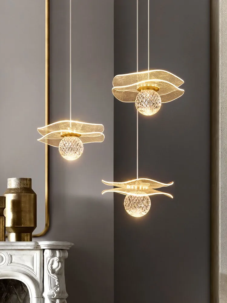 

Creative Copper Modern LED Pendant Light Acrylic Bedroom Bedside Lotus Leaf Light Guide Hanging Lamp Dining Room Bar Art Fixture