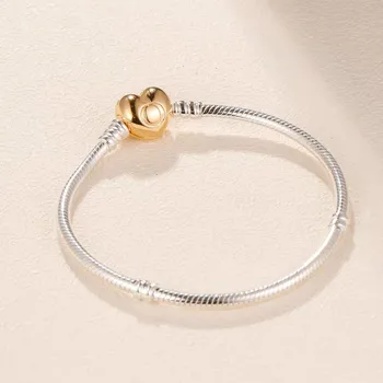 

Authentic 925 Sterling Silver Charm Bead Bracelet Smooth Gold Clasp Snake Chain P Bracelets & Bangles Women DIY Jewelry