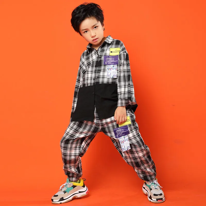 Рубашка в клетку с длинными рукавами в Корейском стиле; комплект со штанами; Детские костюмы для джазовых танцев; детская одежда для уличных танцев; одежда в стиле хип-хоп для мальчиков и девочек