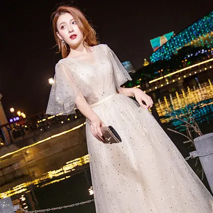 champagne Mid-length Это Yiiya Официальное Платье длинное шампанское с коротким рукавом женские вечерние платья элегантные v-образным вырезом размера плюс вечерние платья LF201 - Цвет: champagne Mid-length