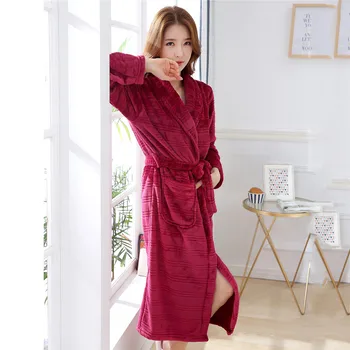 

Burgundy Female Full Sleeve Kimono Gown Winter Padded Flannel Warm Robe Bathrobe Sexy Loose Lounge Home Clothes Casual Sleepwear