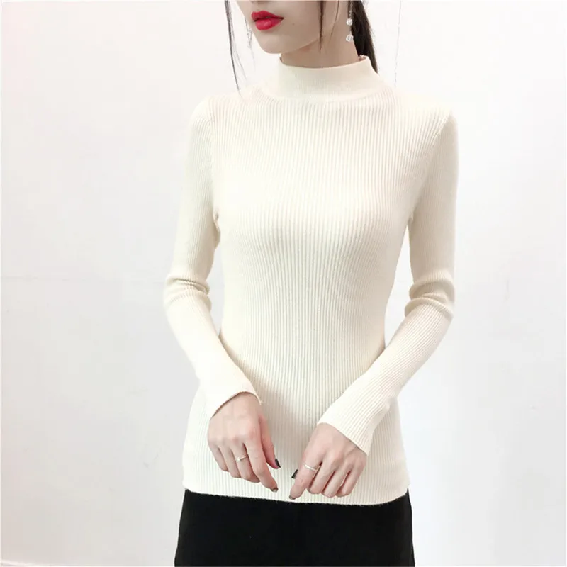 

Korea Autumn Winter chic Half Turtleneck Elastic Pullovers Sweaters Women Apricot Knitted Sweater Female Bottoming Soft Jumper