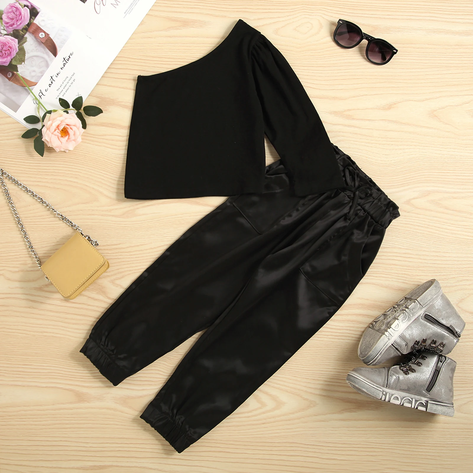 Kids Girls Fashion Clothes Sets One Shoulder Long Sleeve T-shirt + Pocket Loose Pants Summer Autumn Children Outfits kids clothing set girls clothing set