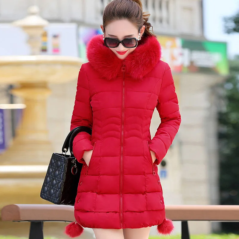 Faux Fur Parkas Women Down Jacket Plus Size Womens Parkas Thicken Outerwear Hooded Winter Coat Female Jacket Cotton Padded - Цвет: red