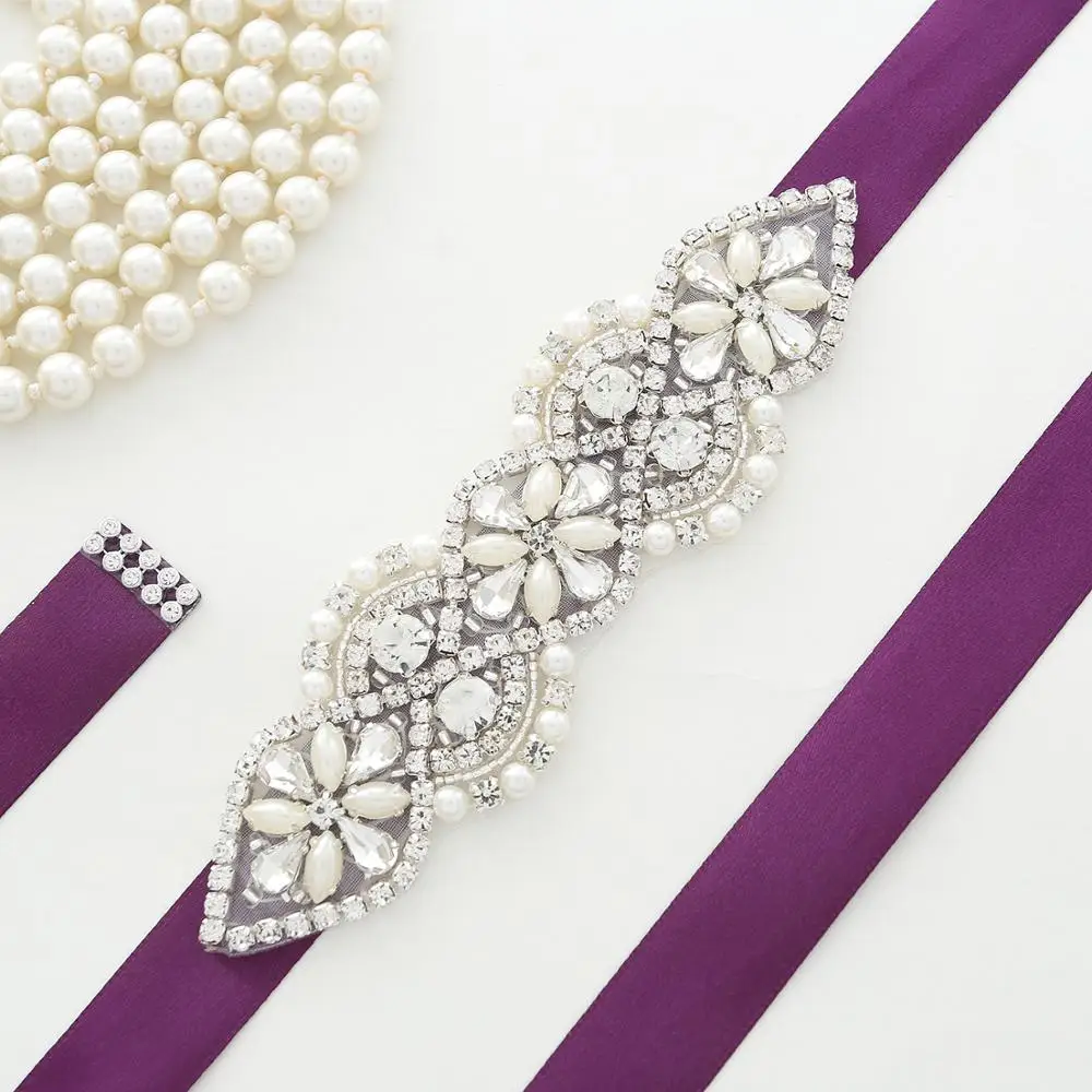 NZUK Handmade Simple Silver Rhinestones Bridal Belt Sash Pearls Wedding Belt Crystal Bridal Sash For Wedding Dresses