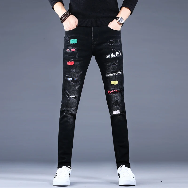 

Fashion Streetwear Men Jeans Black Slim Fit Elastic Destroyed Patches Designer Ripped Jeans Men Punk Pencil Pants Hip Hop Jeans