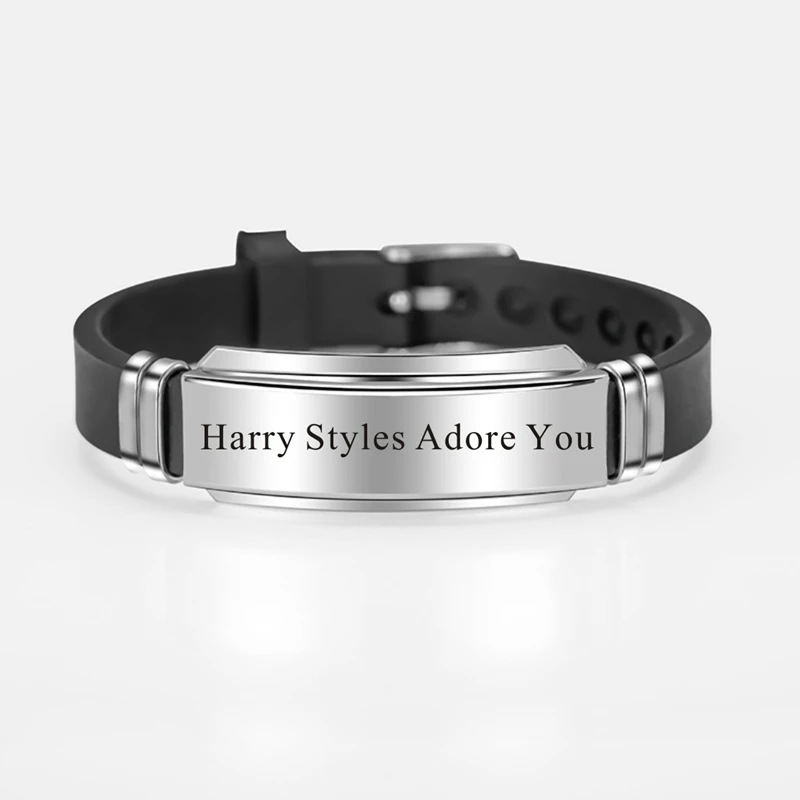 Гравировкой Harry Styles силиконовый браслет черный серебряный Цвет нержавеющая