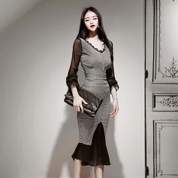 

Mesh Patchwork Plaid Blouse and Trumpet Wrap Skirt Women Winter 2 Piece Set Brand Designer Suit Runway 2019 Modis Two Piece Set